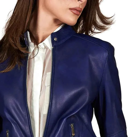 Women’s Blue Lambskin Cafe Racer Leather Jacket