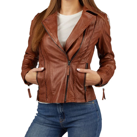 Women's Asymmetrical Cognac Motorcycle Leather Jacket