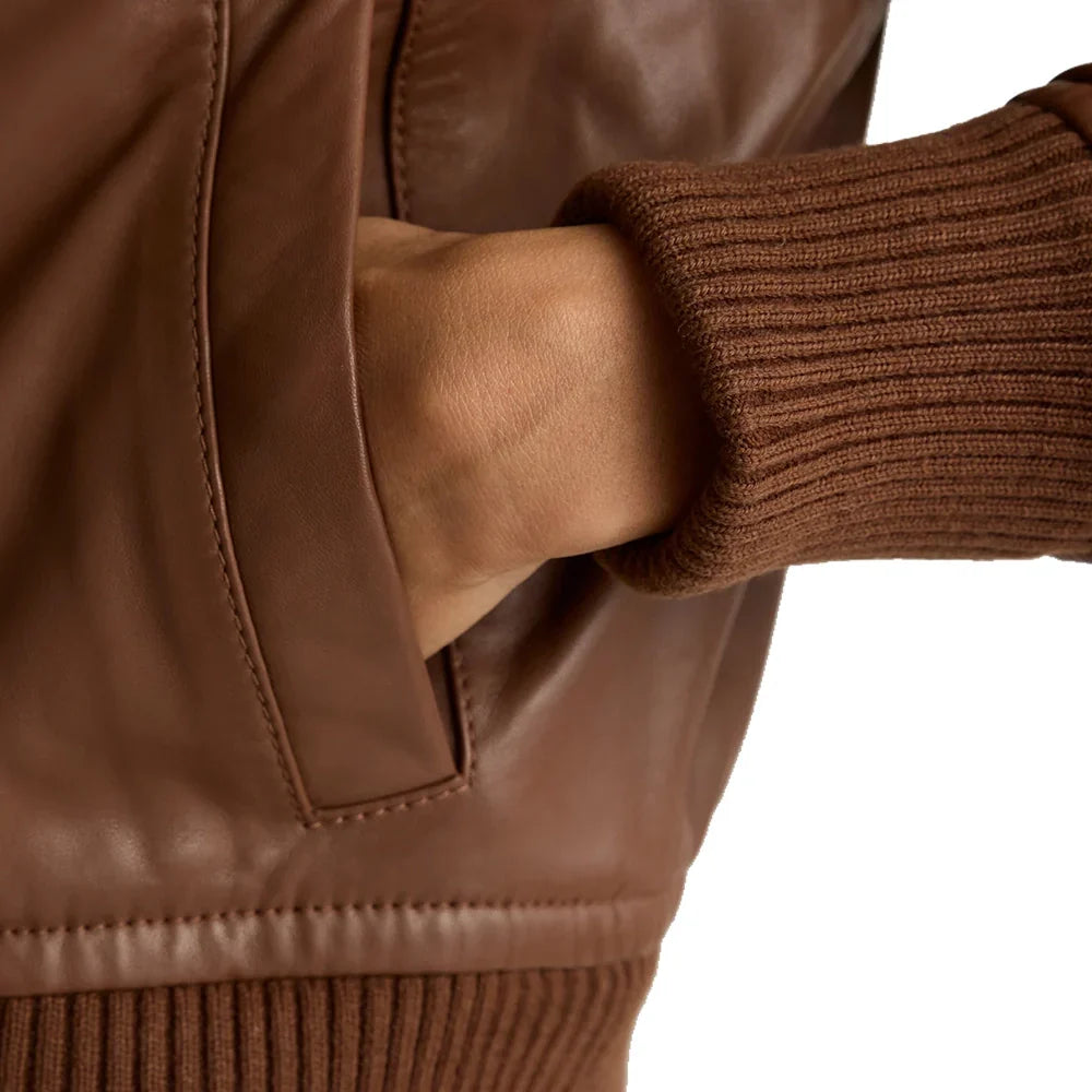 Women's Brown Cropped Leather Bomber Jacket