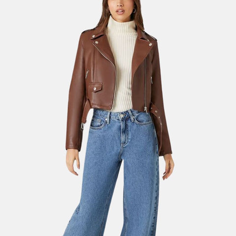 Women’s Brown Cropped Motorcycle Leather Jacket