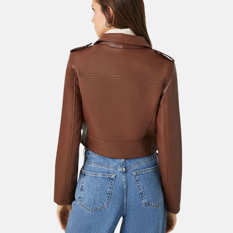 Women’s Brown Cropped Motorcycle Leather Jacket