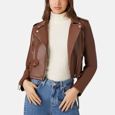 Women’s Brown Cropped Motorcycle Leather Jacket