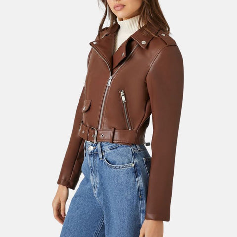 Women’s Brown Cropped Motorcycle Leather Jacket