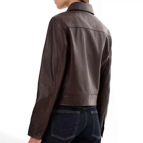 Women's Cropped Brown Shirt Collar Leather Jacket