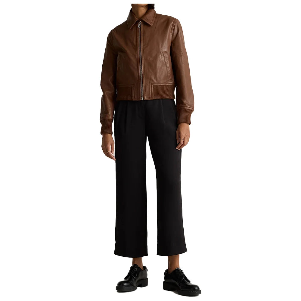 Women's Brown Cropped Leather Bomber Jacket