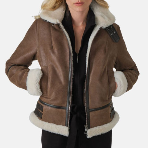Women’s Brown Shearling Aviator Leather Jacket