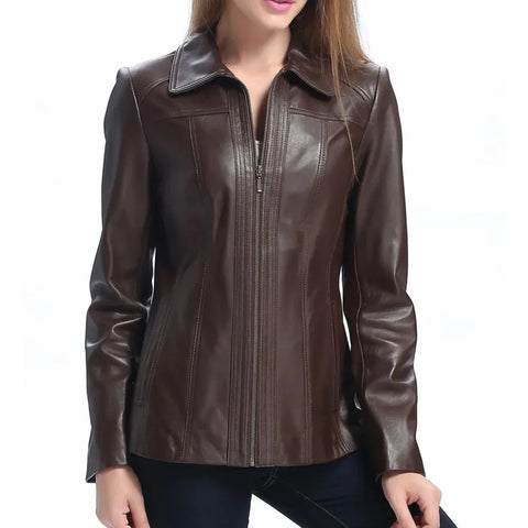 Women's Brown Shirt Collar Zip Up Leather Jacket