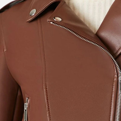 Women’s Brown Cropped Motorcycle Leather Jacket