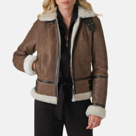 Women’s Brown Shearling Aviator Leather Jacket