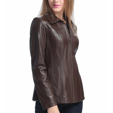 Women's Brown Shirt Collar Zip Up Leather Jacket