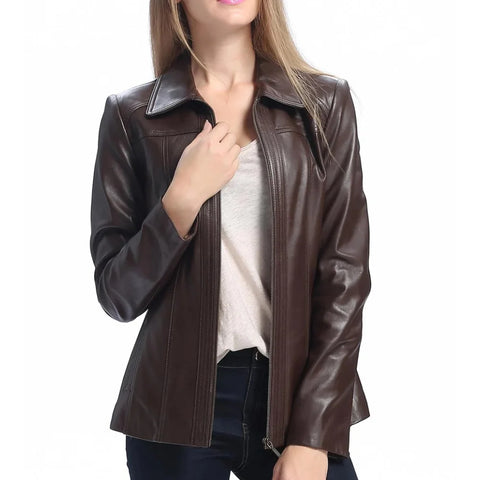 Women's Brown Shirt Collar Zip Up Leather Jacket