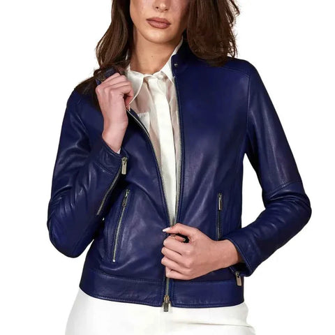 Women’s Blue Lambskin Cafe Racer Leather Jacket