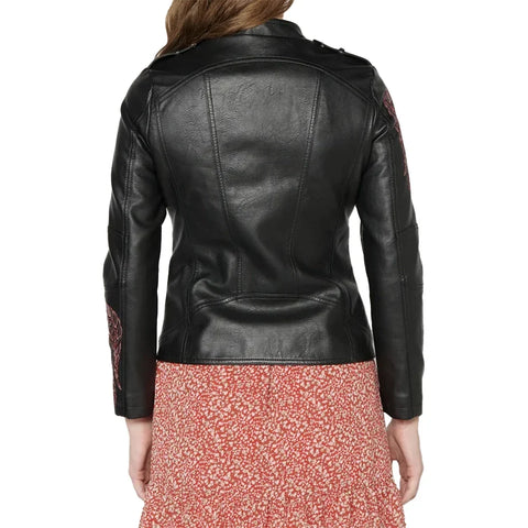 Charlotte Womens Black Floral Embroidered Leather Jacket