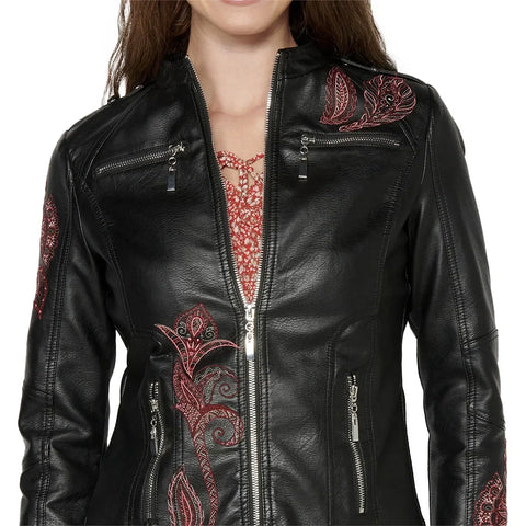 Charlotte Womens Black Floral Embroidered Leather Jacket