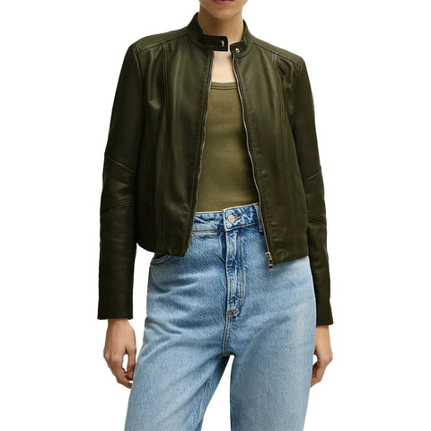Women’s Dark Green Cafe Racer Leather Jacket