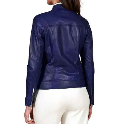 Women’s Blue Lambskin Cafe Racer Leather Jacket