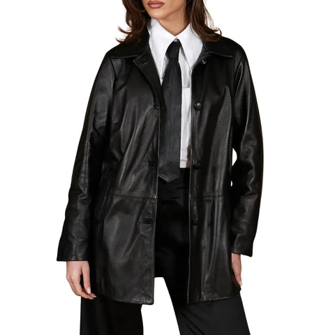Women’s Black Button-Up Leather Jacket