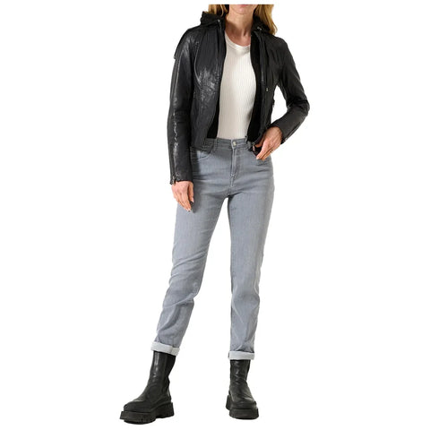 Black Cafe Racer Womens Hooded  Leather Jacket