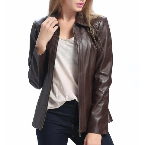 Women's Brown Shirt Collar Zip Up Leather Jacket