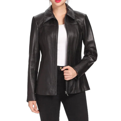 Women's Black Shirt Collar Zip Up Leather Jacket