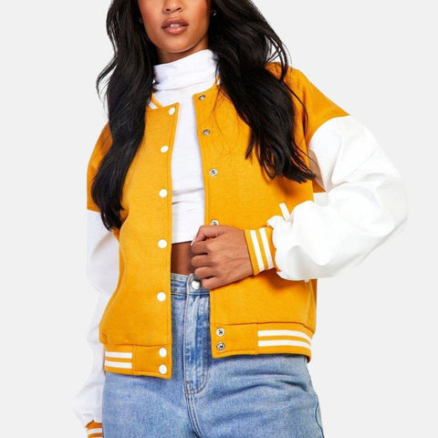 Women’s Mustard Satin Varsity Bomber Jacket