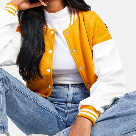 Women’s Mustard Satin Varsity Bomber Jacket