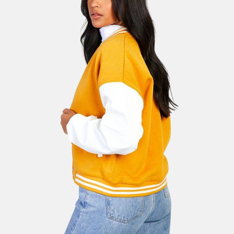 Women’s Mustard Satin Varsity Bomber Jacket