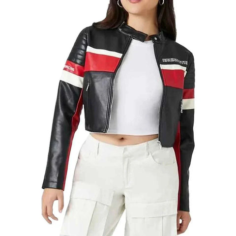 Women's Cropped Black and Red Racing Leather Jacket
