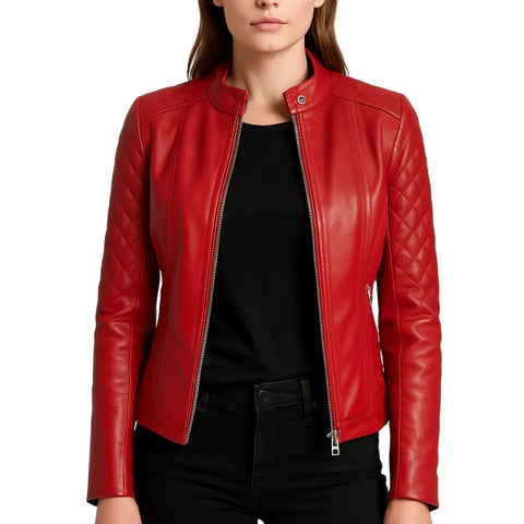 Women's Quilted Red Lambskin Leather Jacket