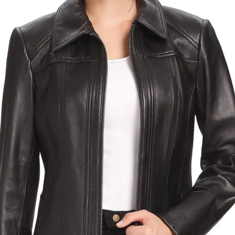 Women's Black Shirt Collar Zip Up Leather Jacket