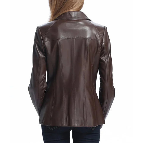Women's Brown Shirt Collar Zip Up Leather Jacket
