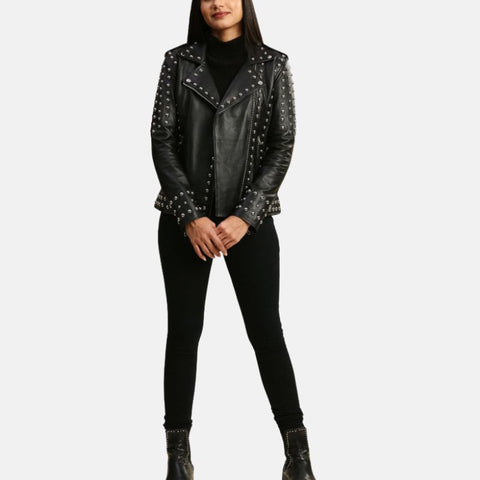 Women’s Studded Motorcycle Black Punk Leather Jacket