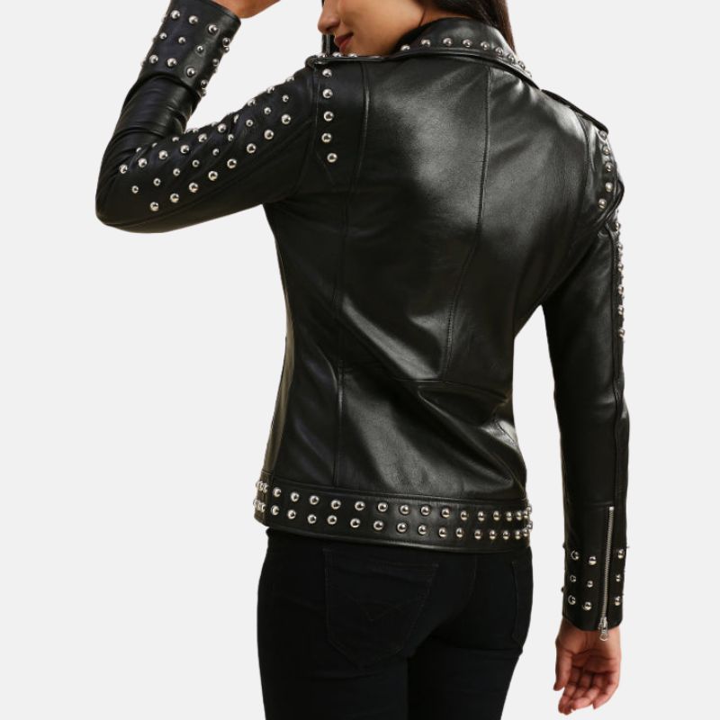 Women’s Studded Motorcycle Black Punk Leather Jacket