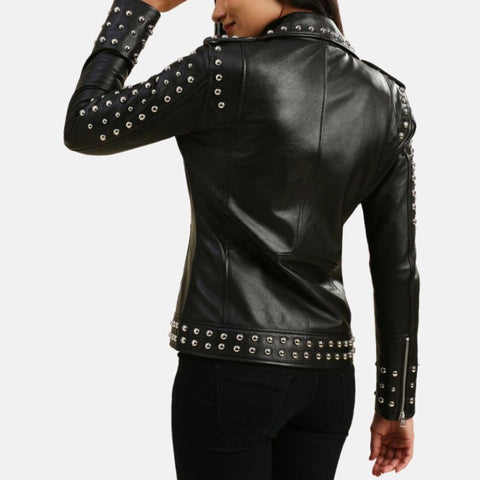 Women’s Studded Motorcycle Black Punk Leather Jacket