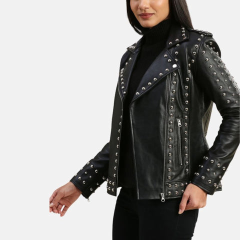 Women’s Studded Motorcycle Black Punk Leather Jacket