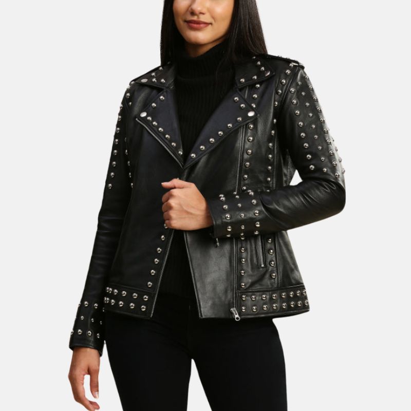 Women’s Studded Motorcycle Black Punk Leather Jacket