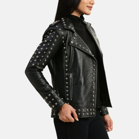 Women’s Studded Motorcycle Black Punk Leather Jacket