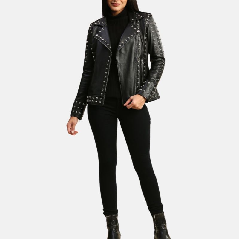 Women’s Studded Motorcycle Black Punk Leather Jacket