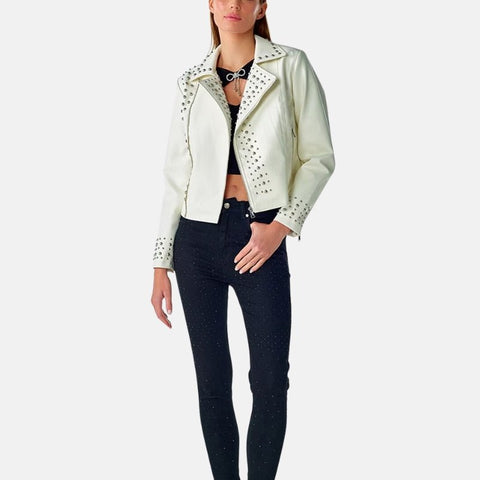 Women's Punk Regular Biker White Leather Jacket