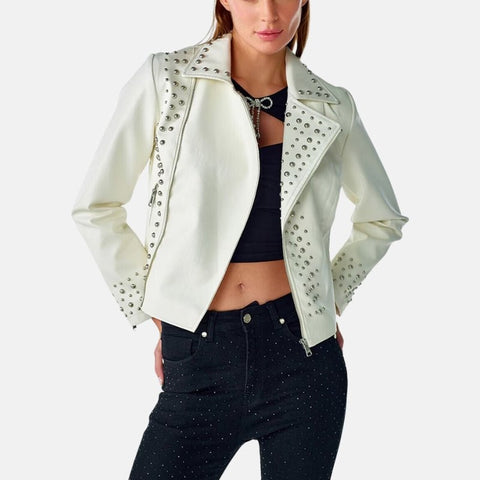Women's Punk Regular Biker White Leather Jacket