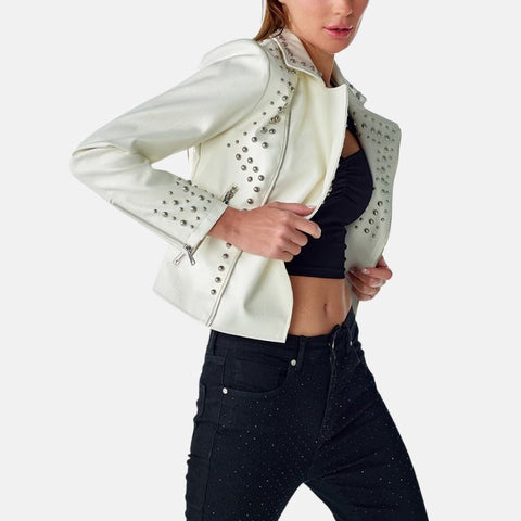 Women's Punk Regular Biker White Leather Jacket