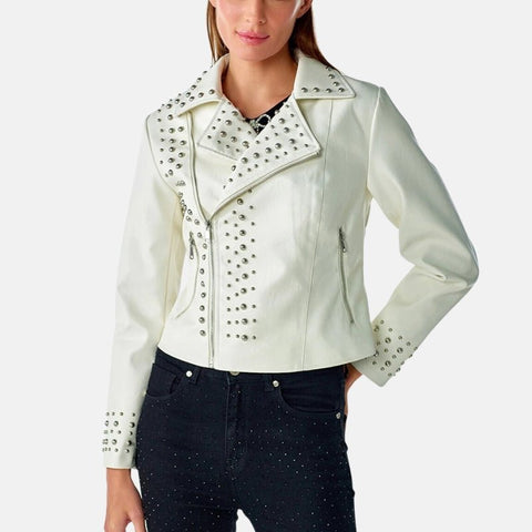 Women's Punk Regular Biker White Leather Jacket
