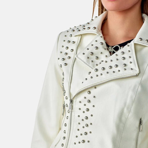 Women's Punk Regular Biker White Leather Jacket