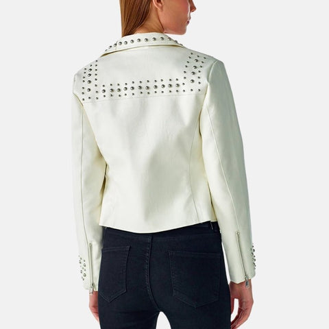 Women's Punk Regular Biker White Leather Jacket