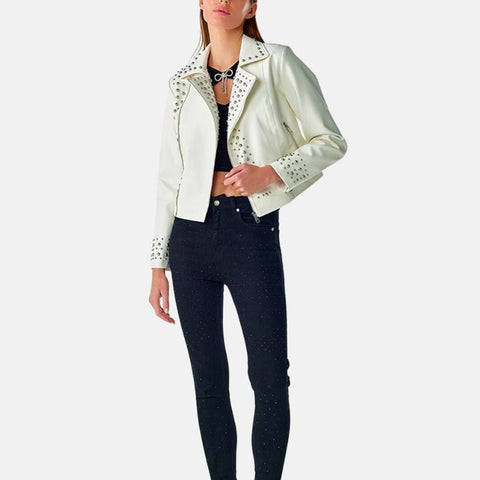 Women's Punk Regular Biker White Leather Jacket