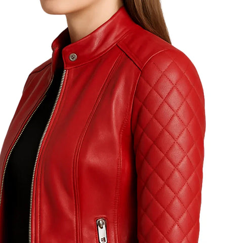 Women's Quilted Red Lambskin Leather Jacket